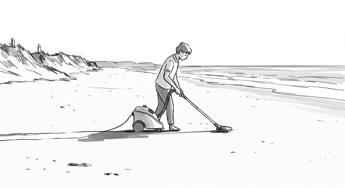 Individual using a vacuum cleaner on a beach to collect debris and litter.
