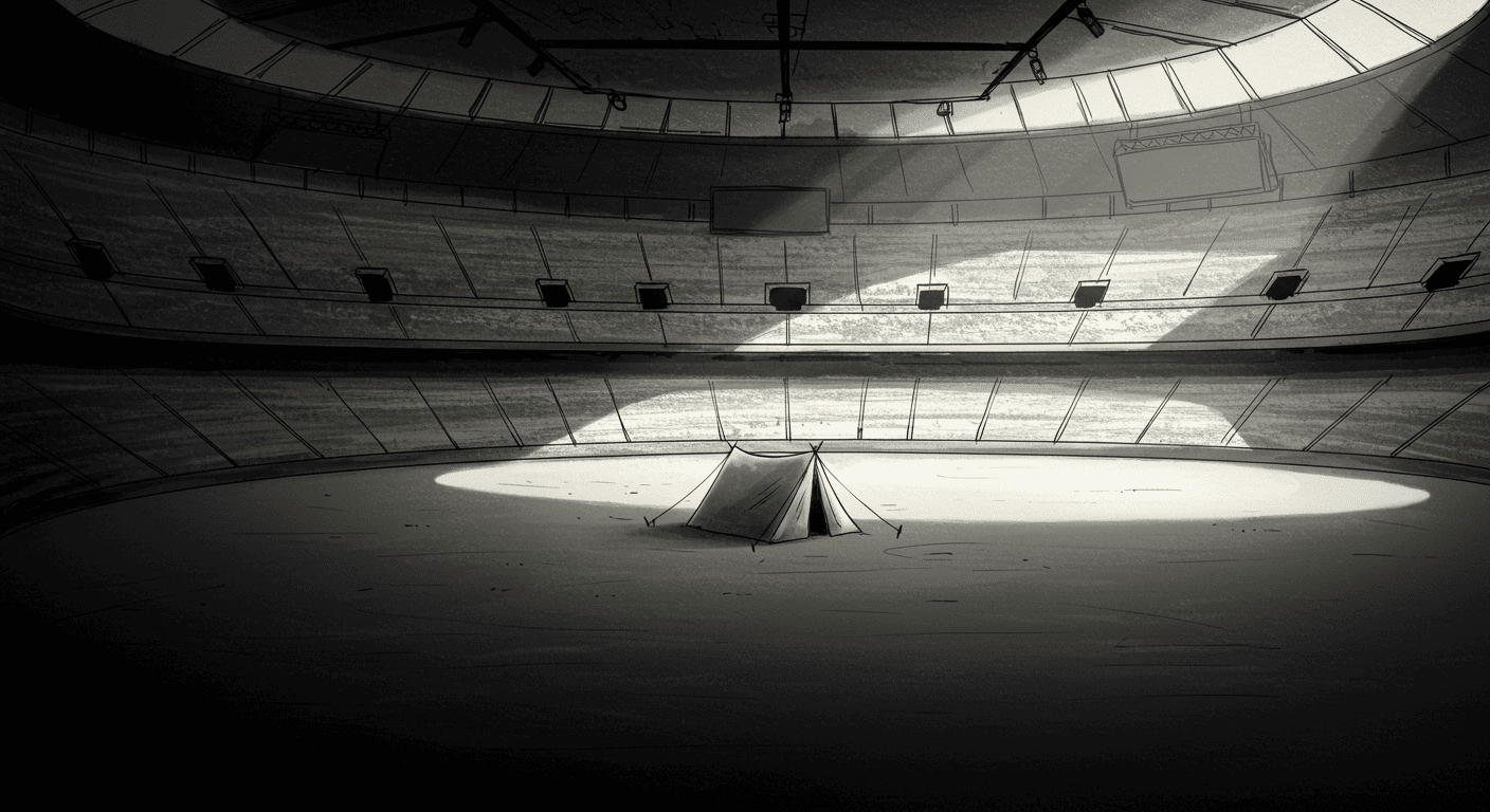 A small tent positioned in the center of a large, empty stadium with sunlight streaming in.
