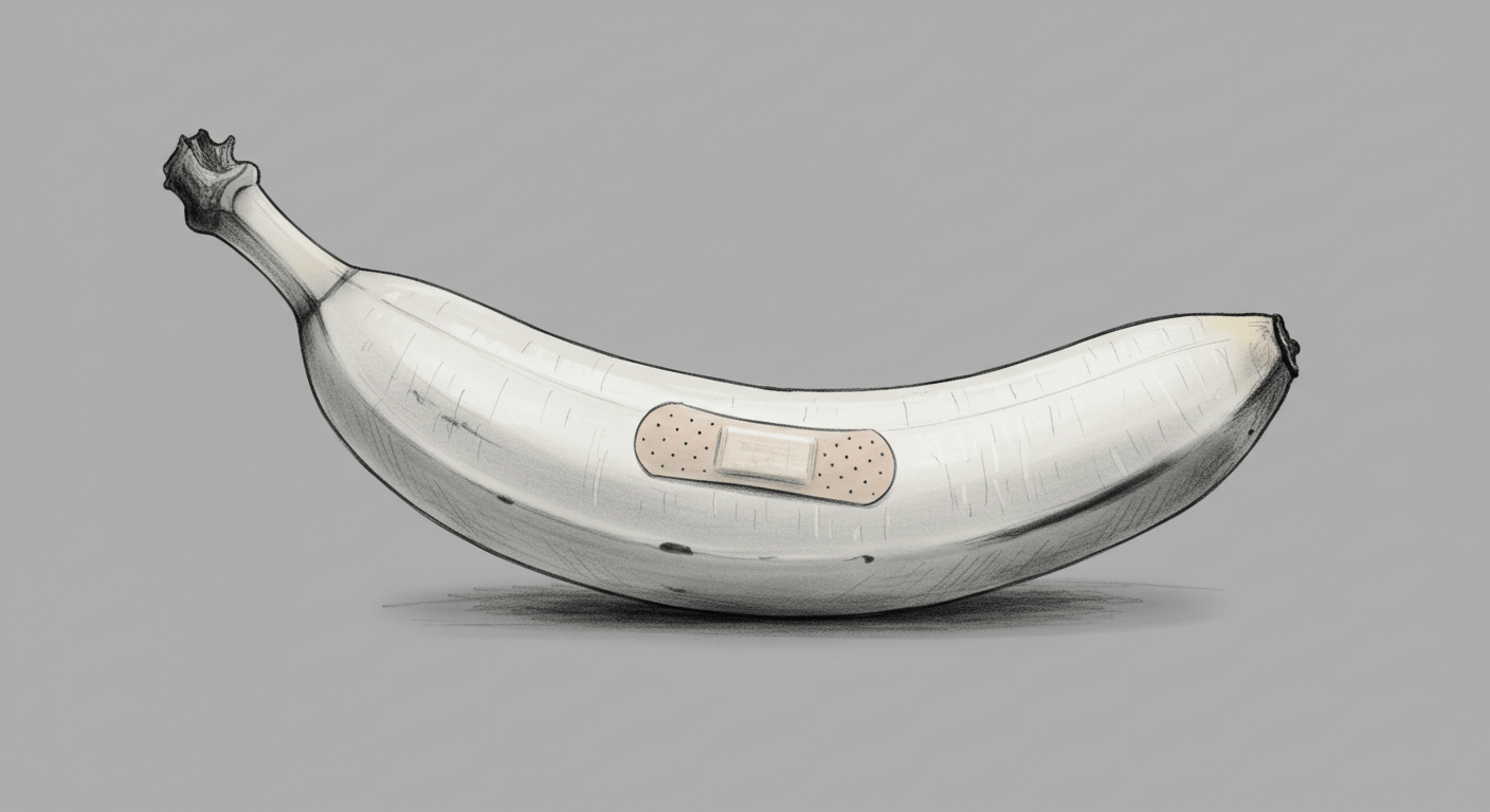 Illustration of a banana with a Band-Aid placed on its surface.
