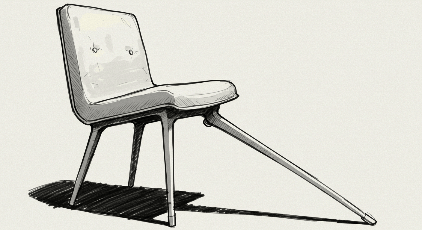 A sketch of a modern chair featuring a soft seat and one asymmetrical leg.