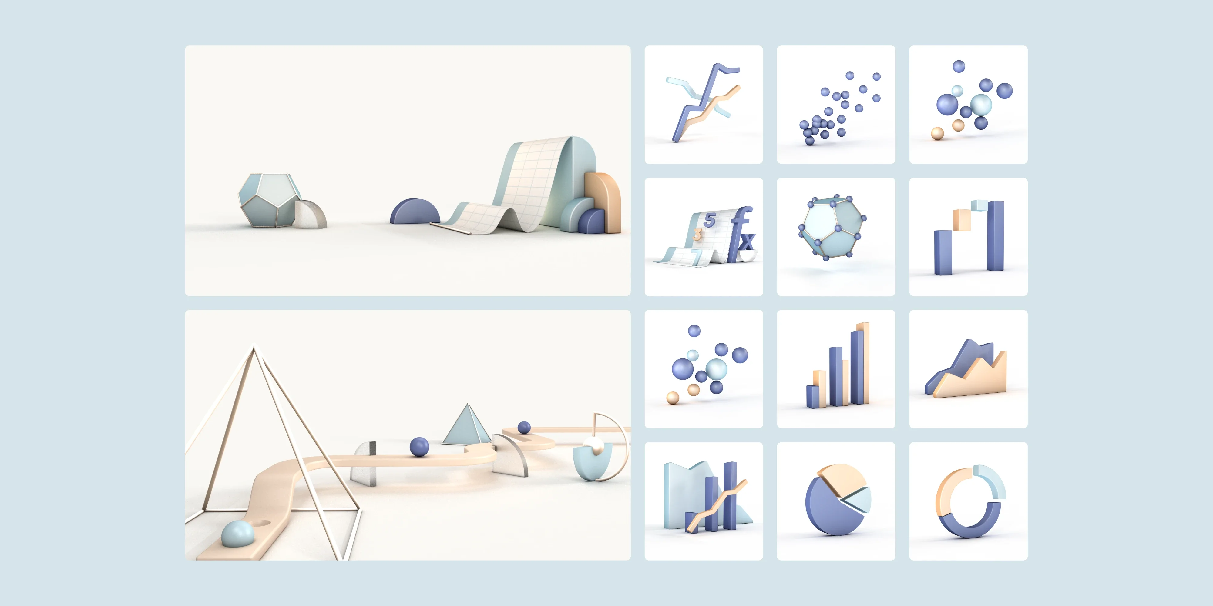 Custom 3D icons bringing modelling concepts to life with clear approachable visuals used across product and site