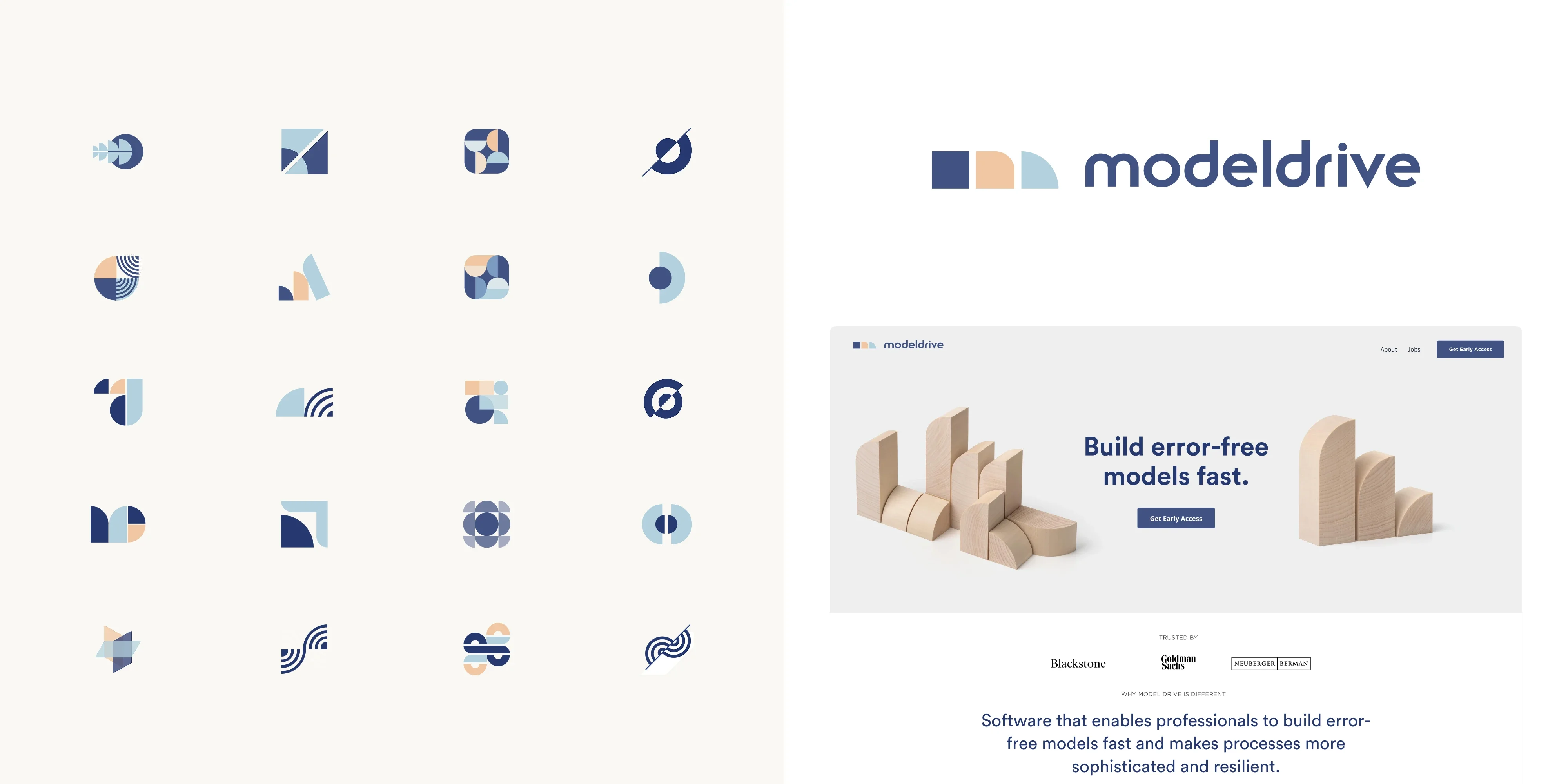 Logo exploration using modular geometric shapes to reflect the product’s structured building-block approach